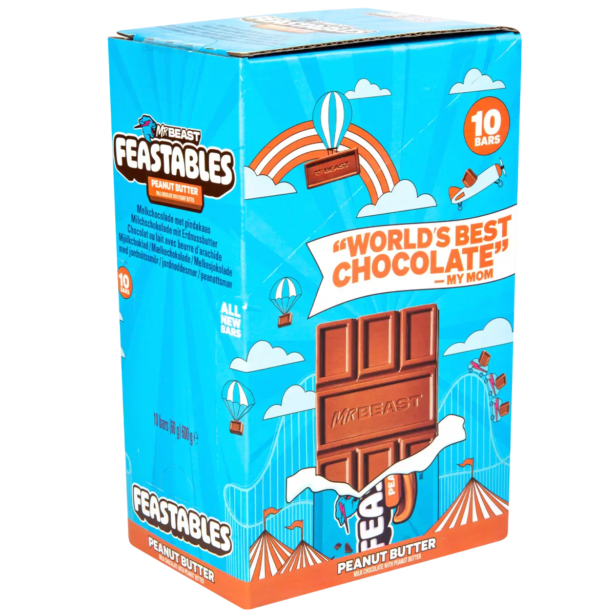 Feastables MrBeast Peanut Butter Bar Schokoladen-Tafel 10x 60g Pack of of 10 Bars 10 Slabs Box