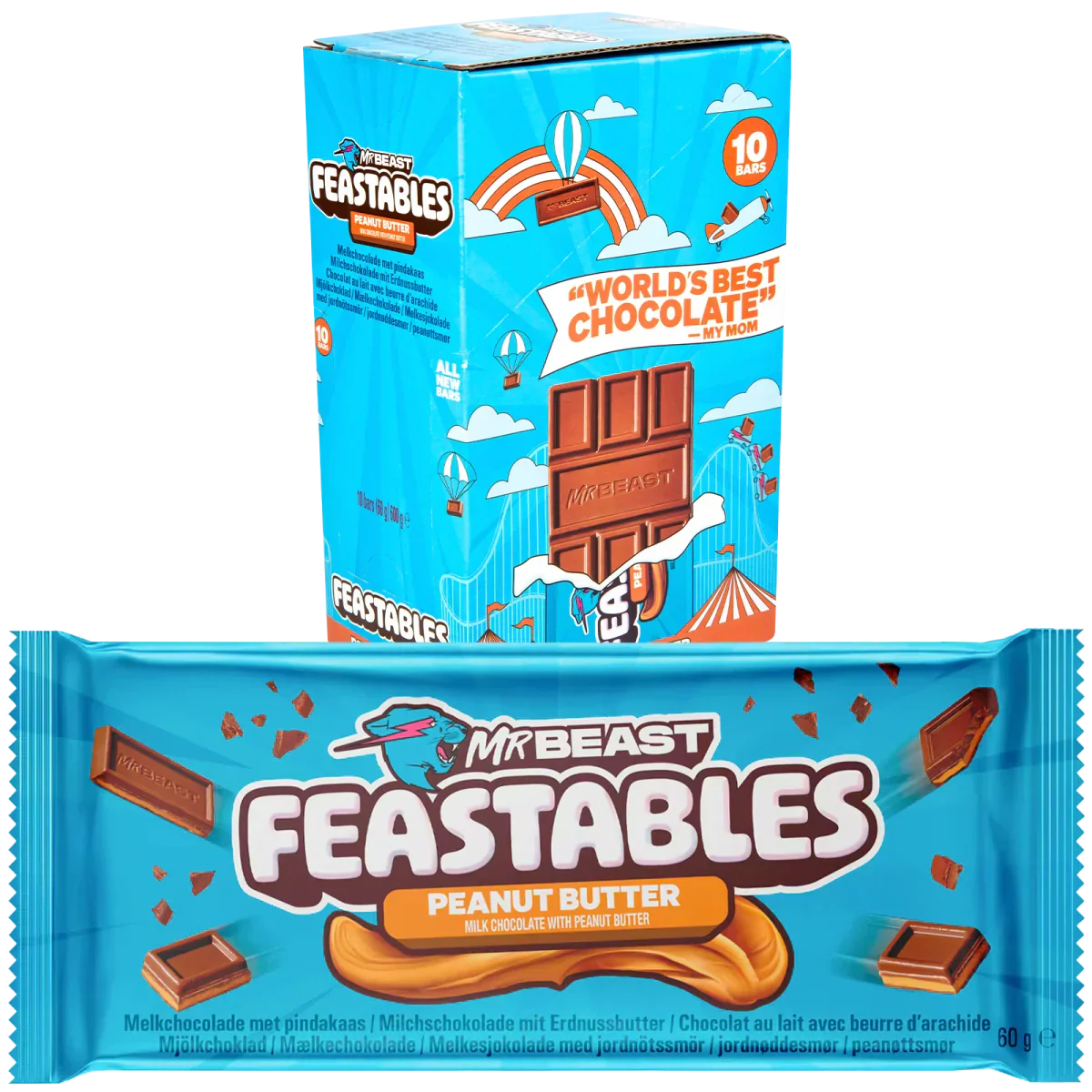Feastables MrBeast Peanut Butter Bar Schokoladen-Tafel 10x 60g Pack of of 10 Bars 10 Slabs Box